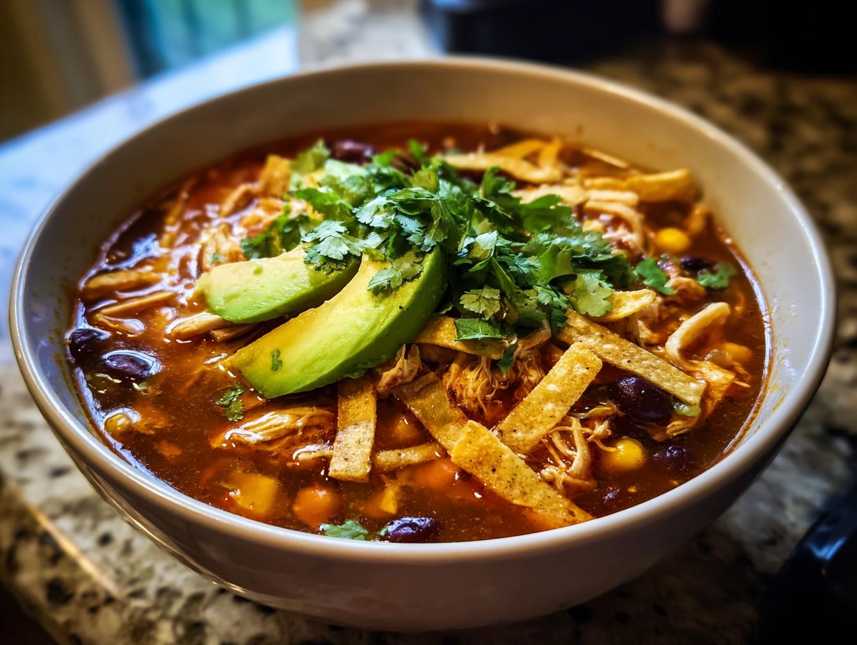 Close-up of a rich, dark broth tortilla soup recipe topped with avocado slices, cilantro, and crispy tortilla strips.
