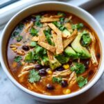 Close-up of a rich, dark broth tortilla soup recipe filled with shredded chicken, black beans, corn, and topped with avocado, cilantro, and tortilla strips.