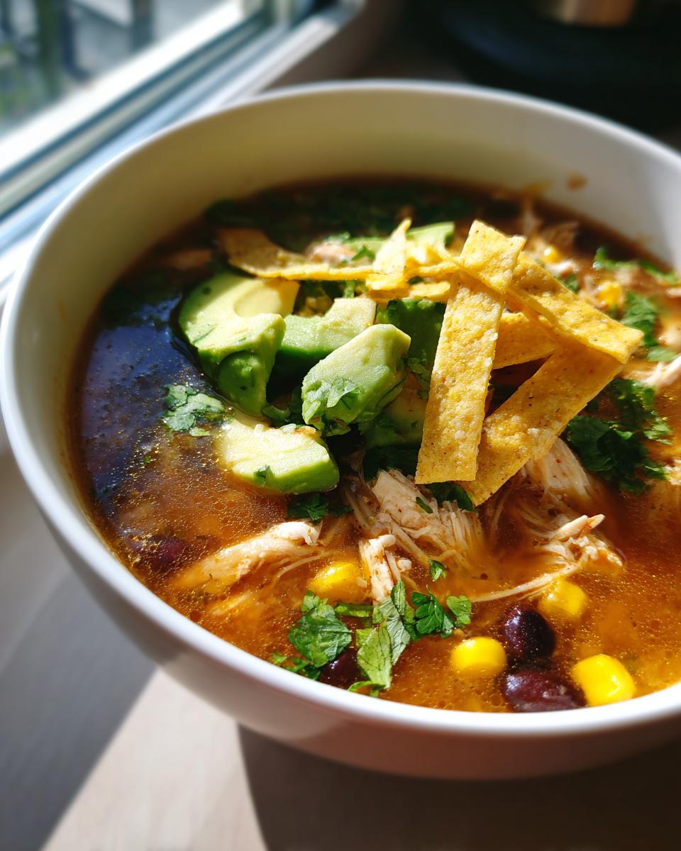 A close-up, bright image of a bowl of rich tortilla soup recipe topped with avocado, tortilla strips, and cilantro.