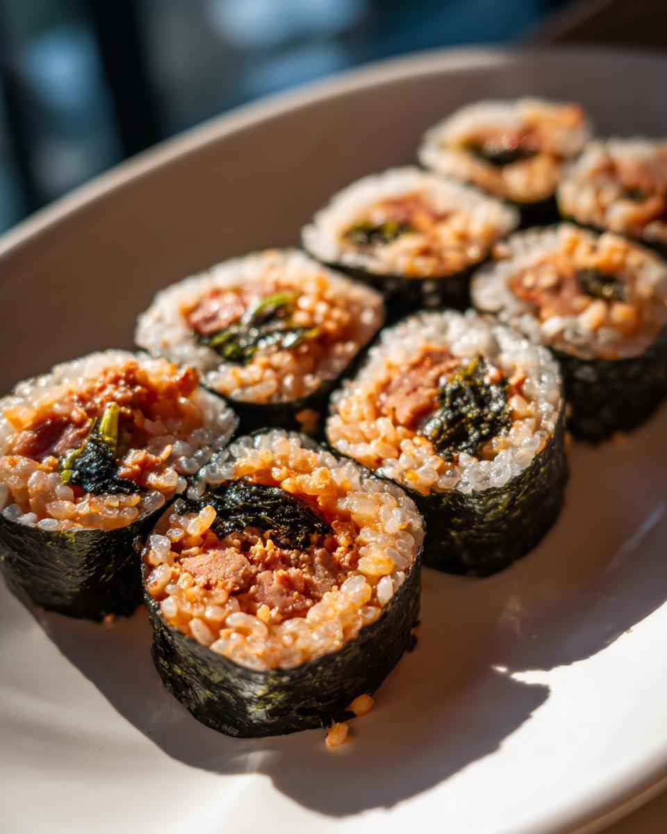 A close-up of several slices of freshly made tuna kimbap arranged on a white plate, showing the rice, tuna filling, and seaweed wrap.
