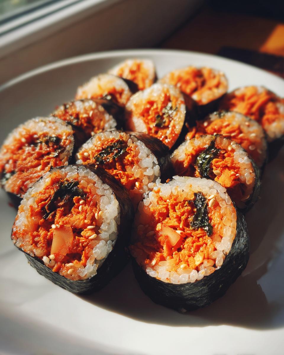 A plate of freshly sliced tuna kimbap rolls, showing the vibrant orange tuna filling and sesame seeds.