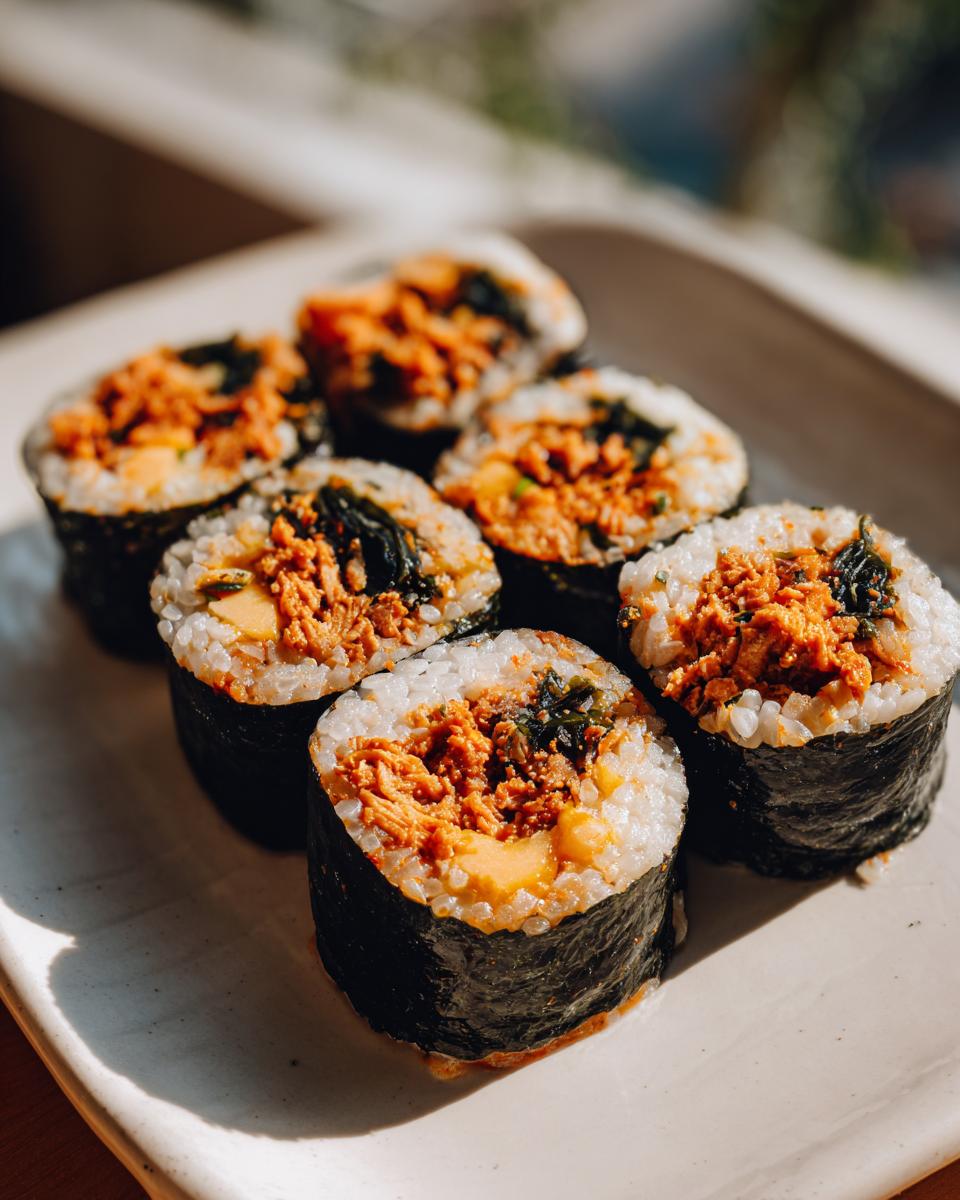 Six slices of homemade tuna kimbap featuring seasoned tuna filling, rice, and seaweed wrapper, served on a white plate.