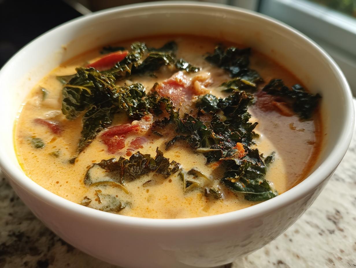 Close-up of a white bowl filled with creamy Tuscan white bean soup topped with dark green kale and red tomatoes.