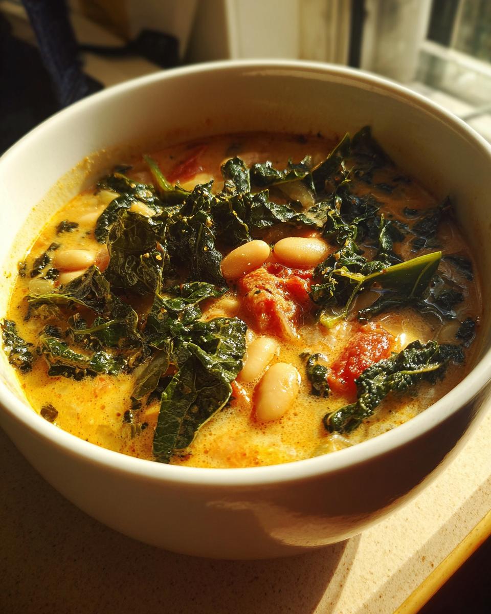 Close-up of a creamy, orange-hued Tuscan white bean soup topped with dark green kale and white cannellini beans.