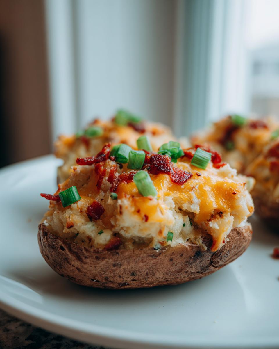 A close-up of a perfectly prepared twice baked potato stuffed with creamy filling, topped with melted cheddar cheese, bacon bits, and green onions.