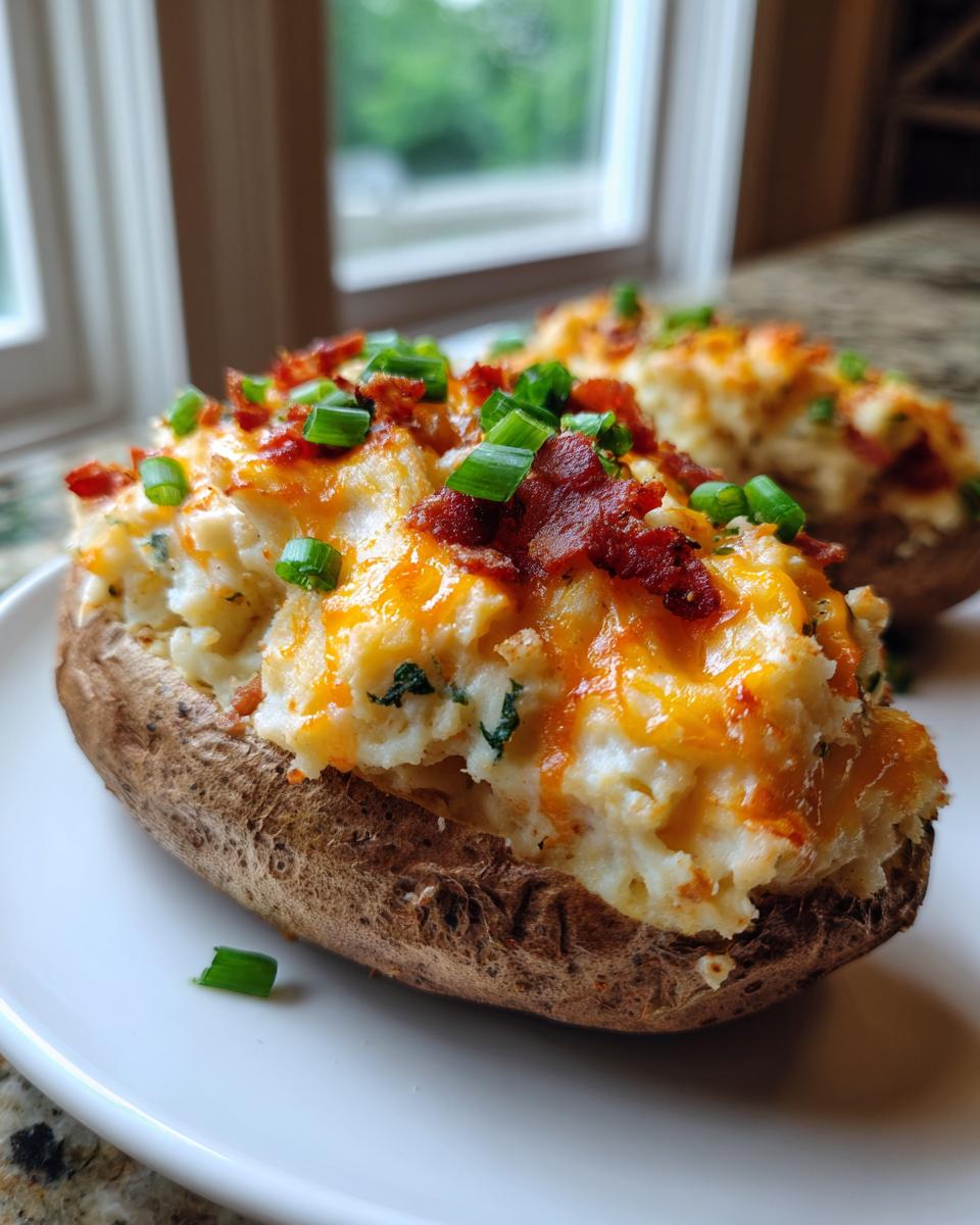 A close-up of a perfectly stuffed twice baked potato topped with melted cheddar cheese, crispy bacon bits, and fresh green onions.