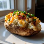 A perfectly cooked twice baked potato stuffed with creamy filling, melted cheddar cheese, bacon bits, and green onions.