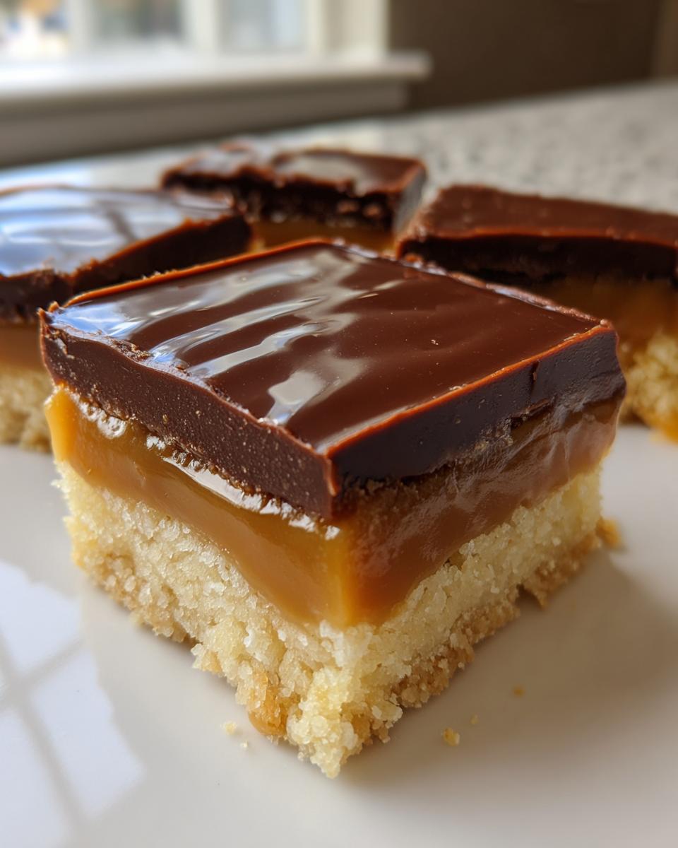 Close-up of a square twix cookies bar showing shortbread base, thick caramel layer, and shiny chocolate topping.