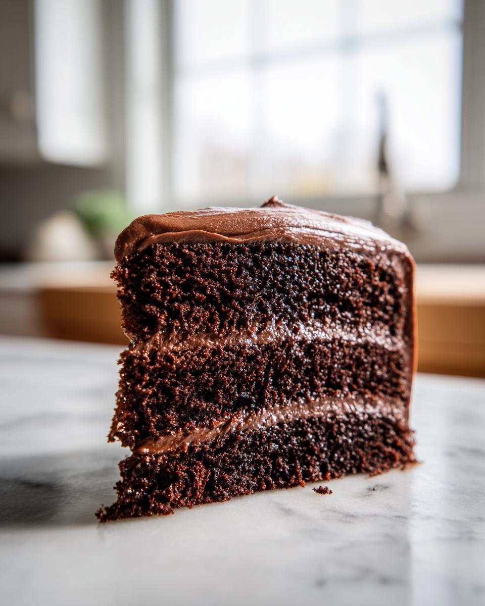 Close-up of a rich, moist slice from a three-layer chocolate cake recipe with thick chocolate frosting.