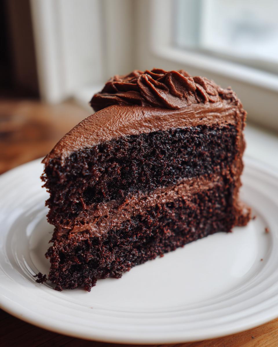 A decadent slice of moist chocolate cake recipe with thick chocolate frosting on a white plate.