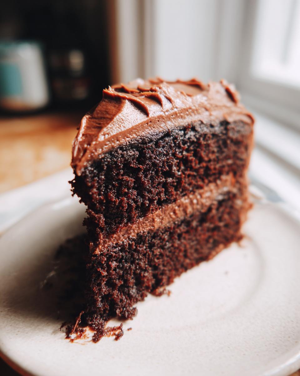 A close-up of a rich, two-layer slice from the ultimate chocolate cake recipe, topped with thick chocolate frosting.