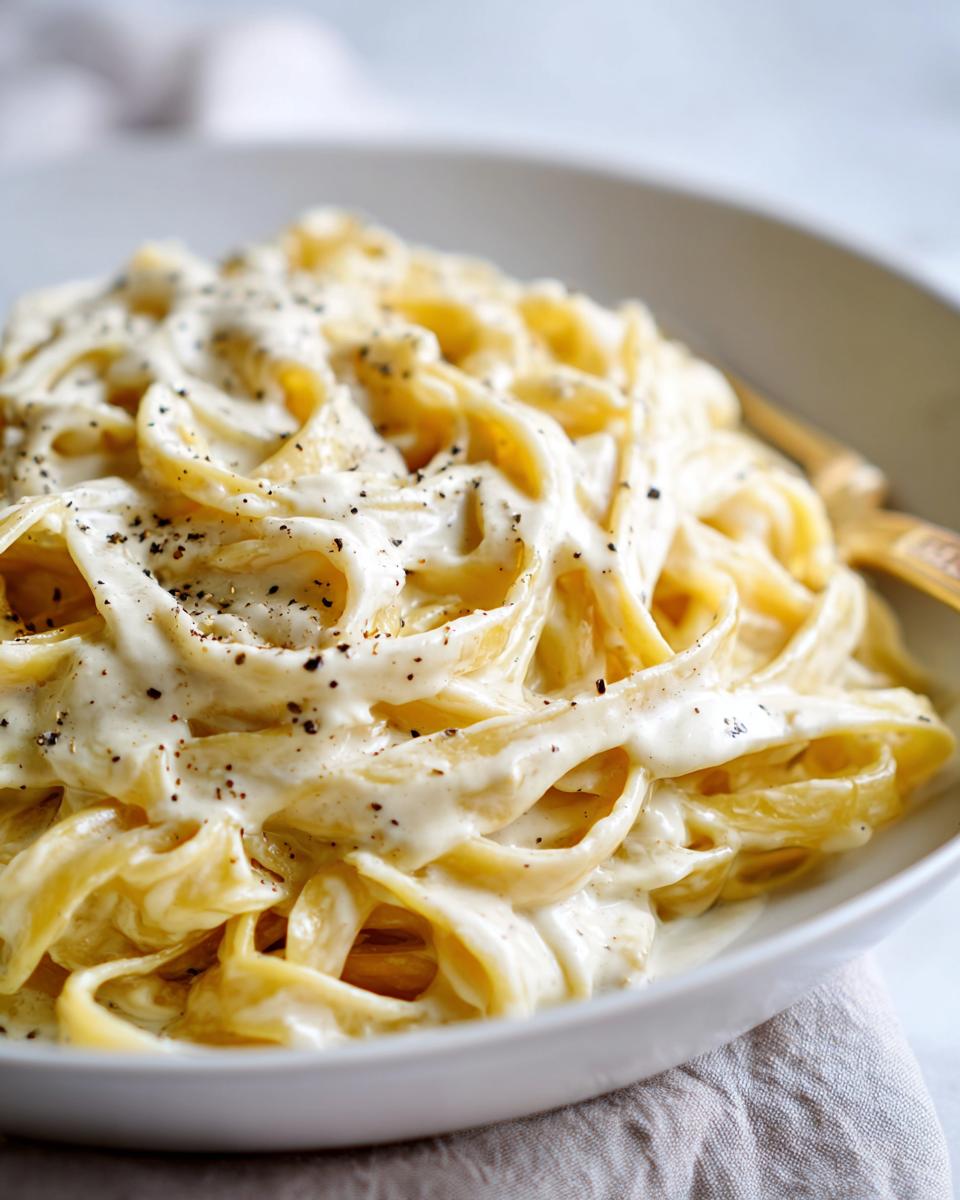 Close-up of fettuccine pasta coated in rich vegan alfredo sauce and topped with black pepper.