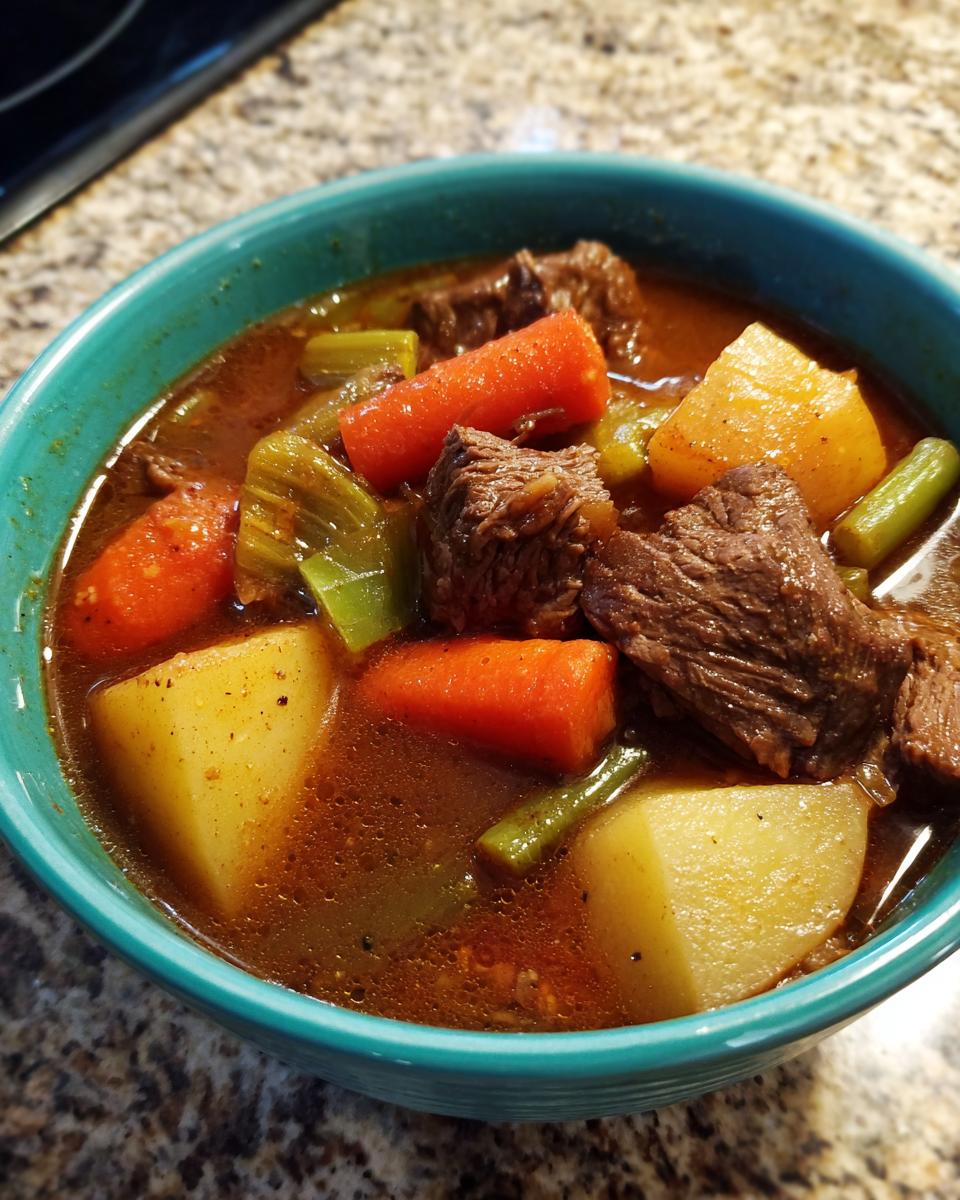 Close-up of a hearty bowl of vegetable beef soup featuring large chunks of beef, carrots, potatoes, and celery in a rich broth.