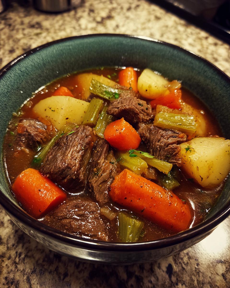 Close-up of a rich, dark broth vegetable beef soup filled with chunks of beef, carrots, celery, and potatoes.
