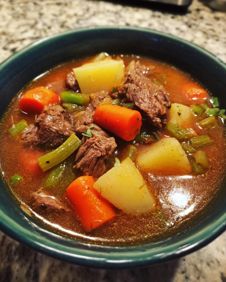 Close-up of a rich vegetable beef soup featuring chunks of beef, carrots, potatoes, and celery in a dark broth.