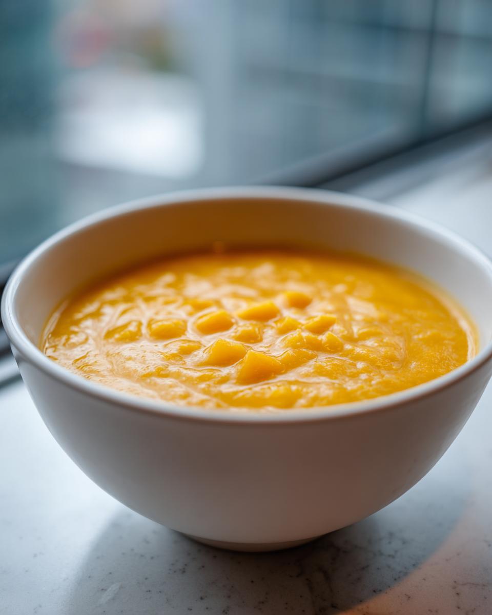 Close-up of a vibrant orange cheese soup, topped with small cubes of vegetable or cheese, served in a white bowl.