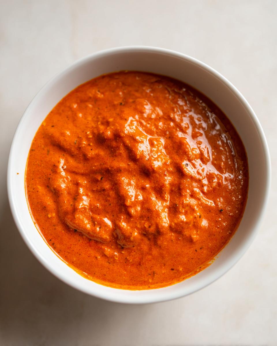 Overhead view of thick, vibrant orange chili cheese dip texture in a white serving bowl.