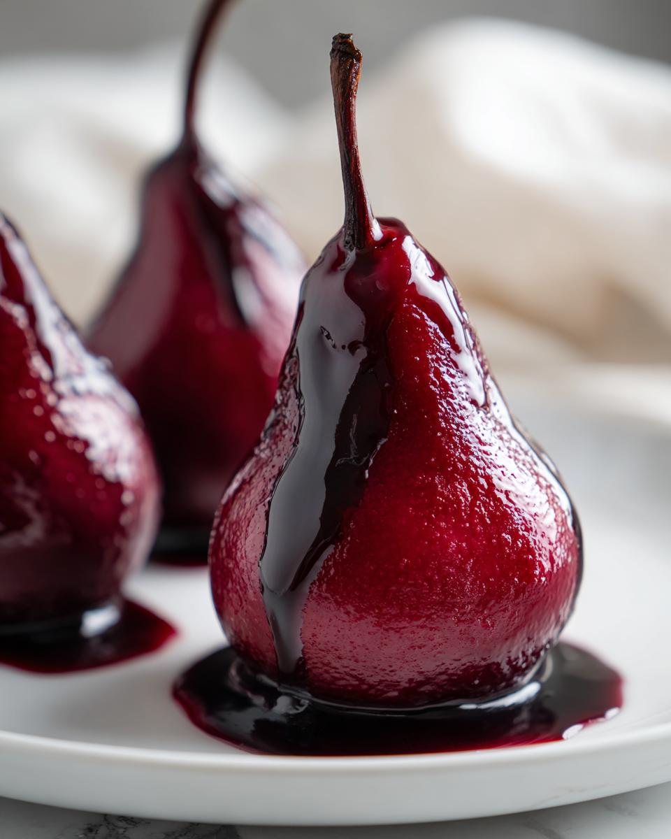 Close-up of three vibrant, deep red poached pears drizzled with dark syrup on a white plate.