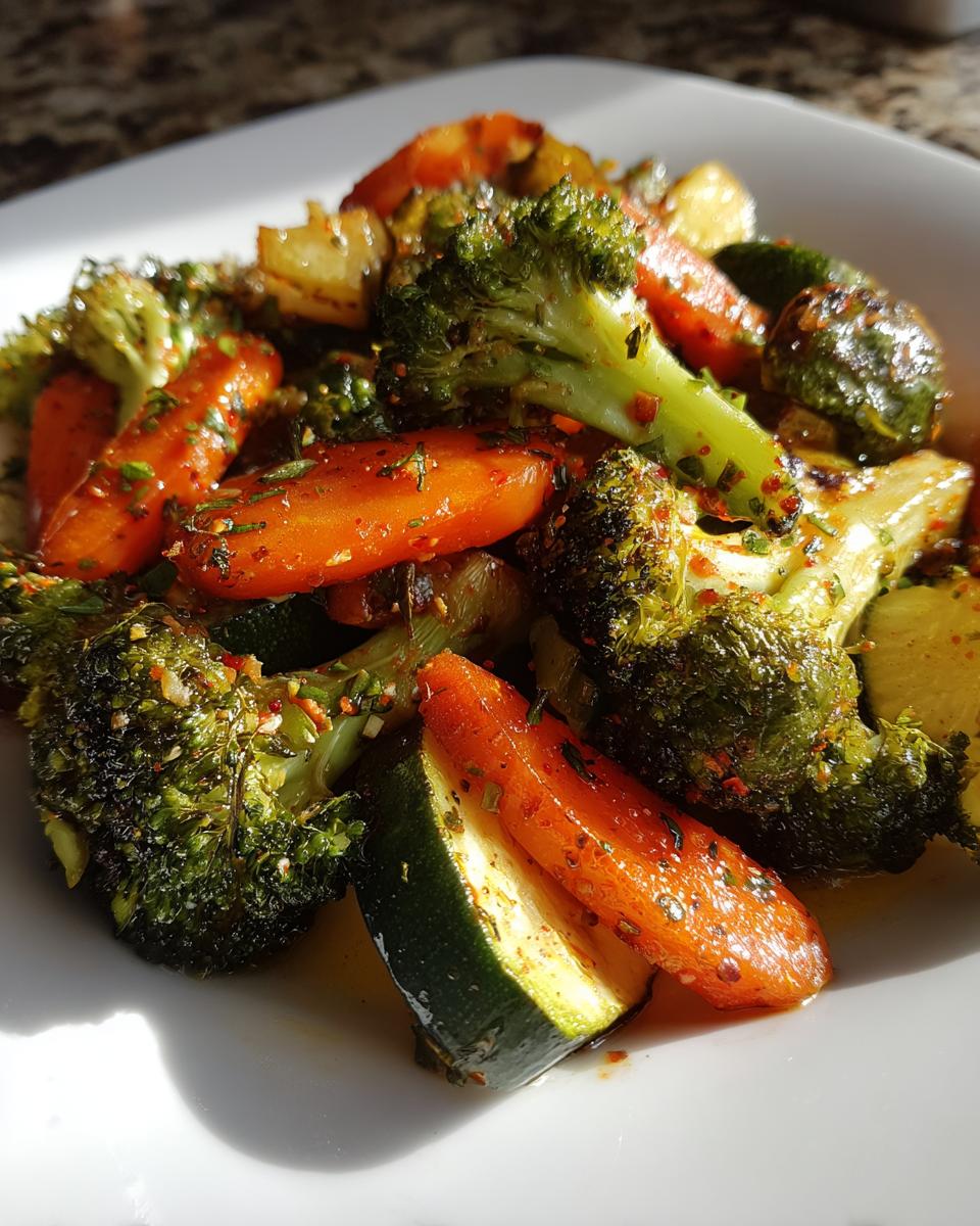 Close-up of vibrant roasted vegetables including broccoli florets, sliced carrots, and zucchini, seasoned with herbs.