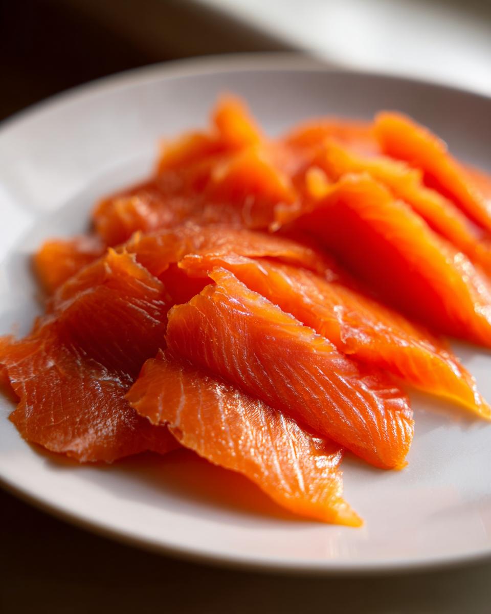 Close-up of thinly sliced, vibrant orange smoked salmon arranged on a white plate.