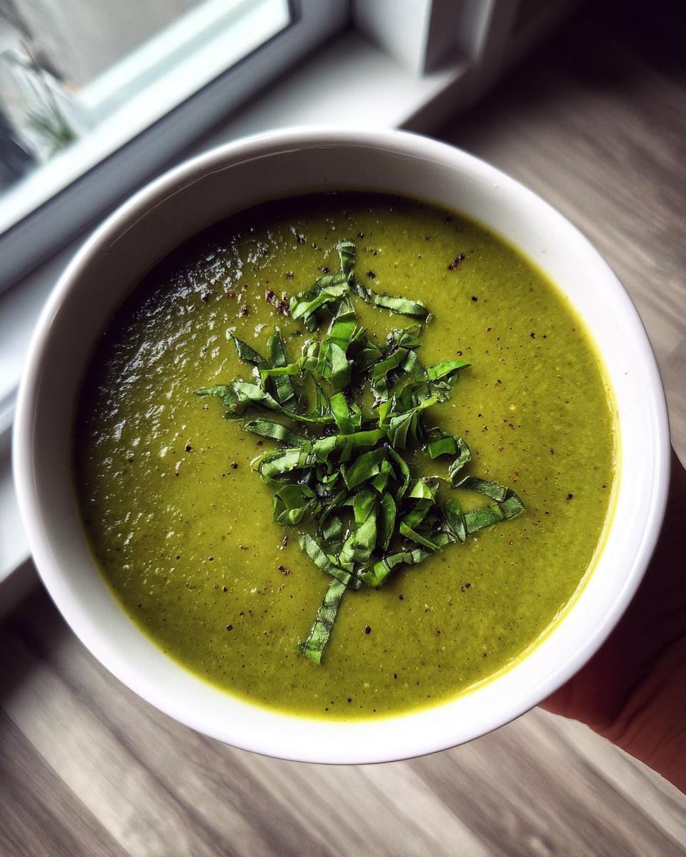 Overhead view of a creamy, vibrant green zucchini soup in a white bowl, topped with fresh, chopped basil.