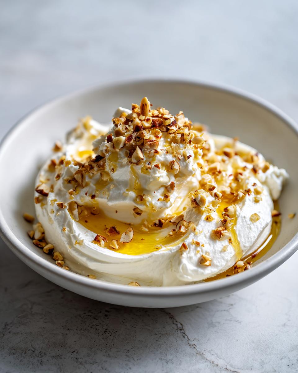 A bowl of fluffy whipped goat cheese drizzled with honey and topped with chopped toasted nuts.