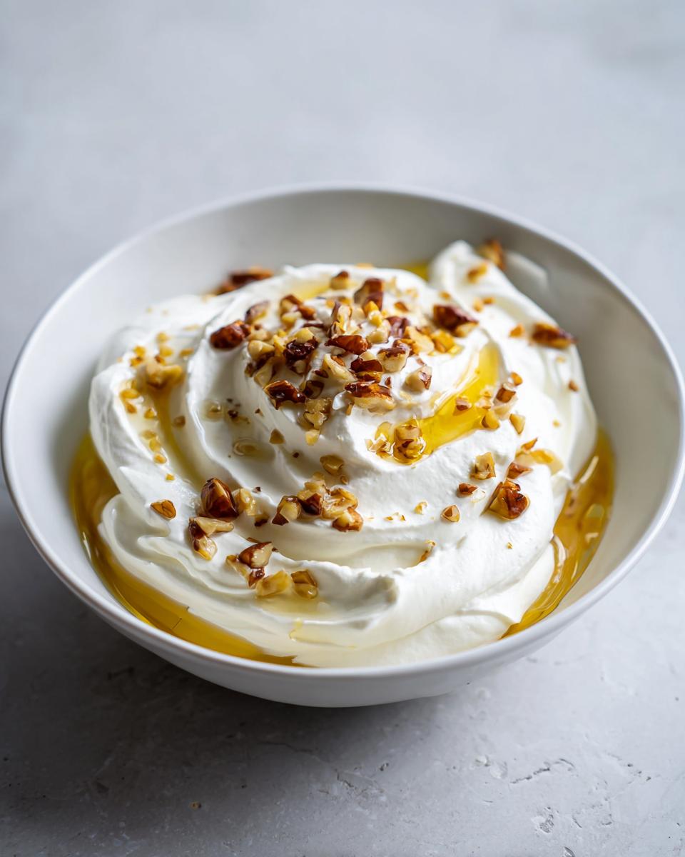 A white bowl filled with fluffy whipped goat cheese drizzled with honey and topped with chopped nuts.