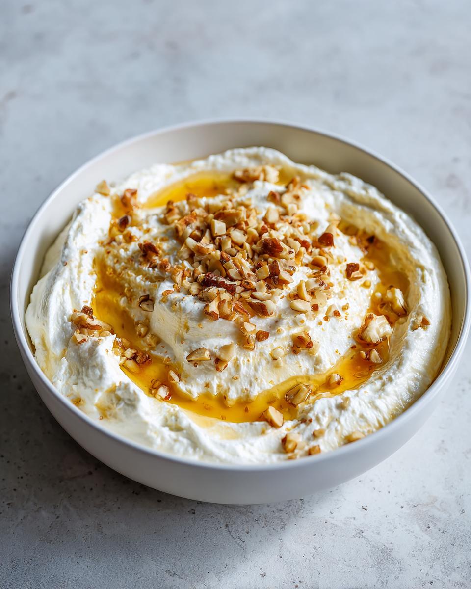 A white bowl filled with creamy whipped goat cheese topped with drizzled honey and chopped nuts.