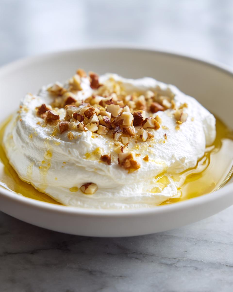 A bowl of creamy whipped goat cheese drizzled with honey and topped with chopped nuts.