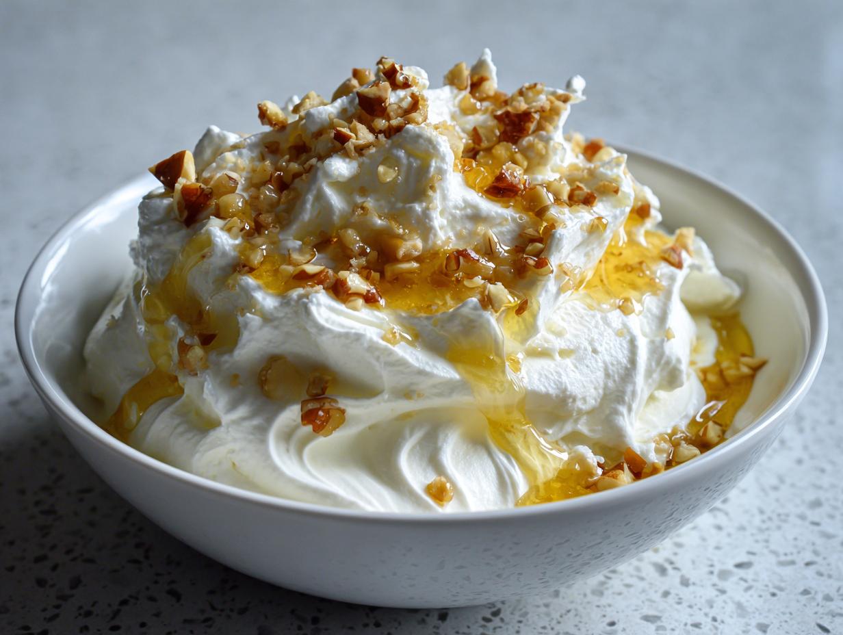 A bowl of fluffy whipped goat cheese topped with drizzled honey and chopped nuts.