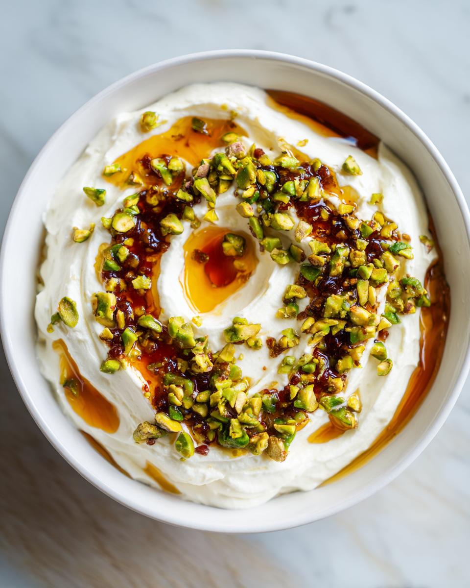 A close-up overhead view of a bowl of creamy whipped ricotta dip, drizzled with honey and topped with chopped pistachios.