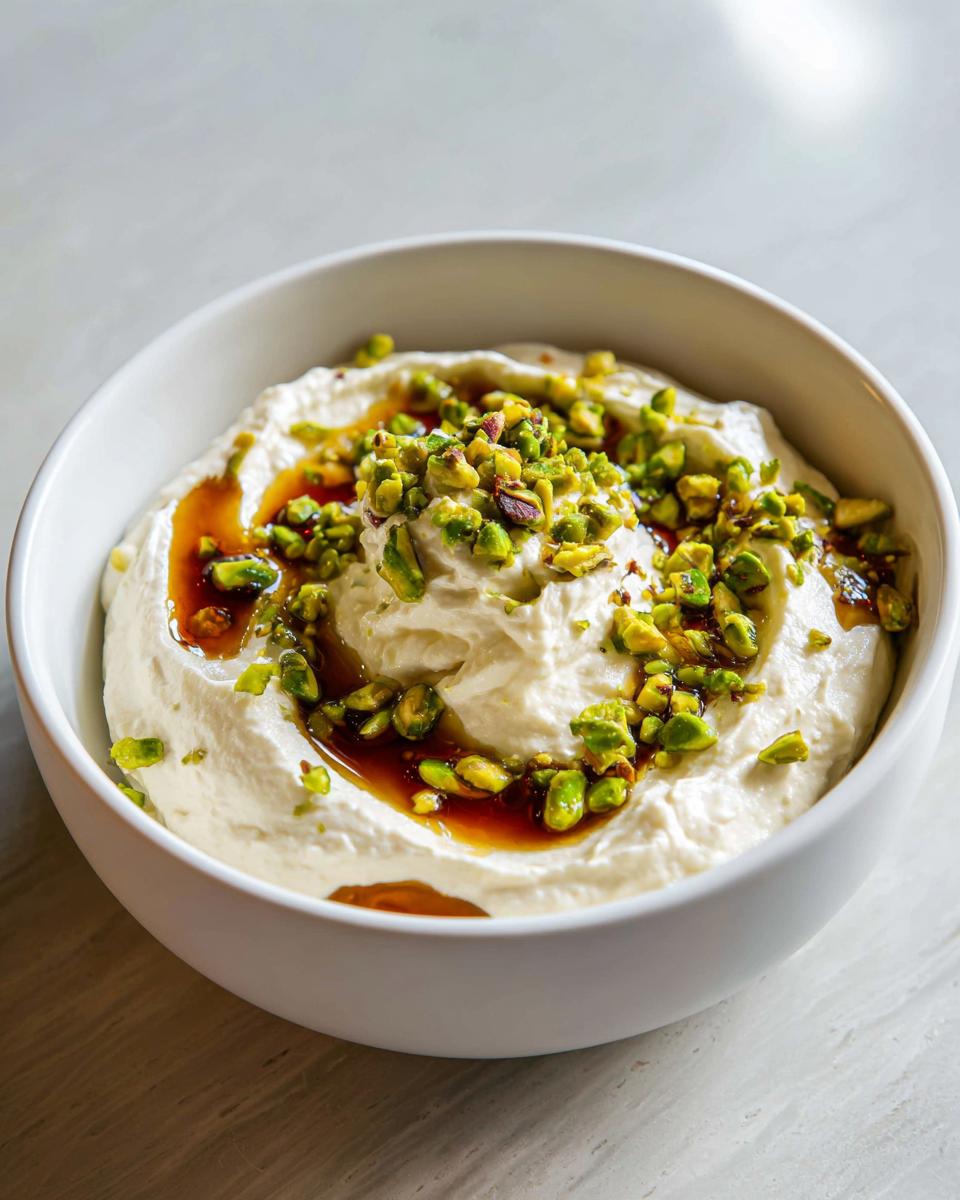 A white bowl filled with creamy whipped ricotta dip, drizzled with honey and topped with chopped pistachios.