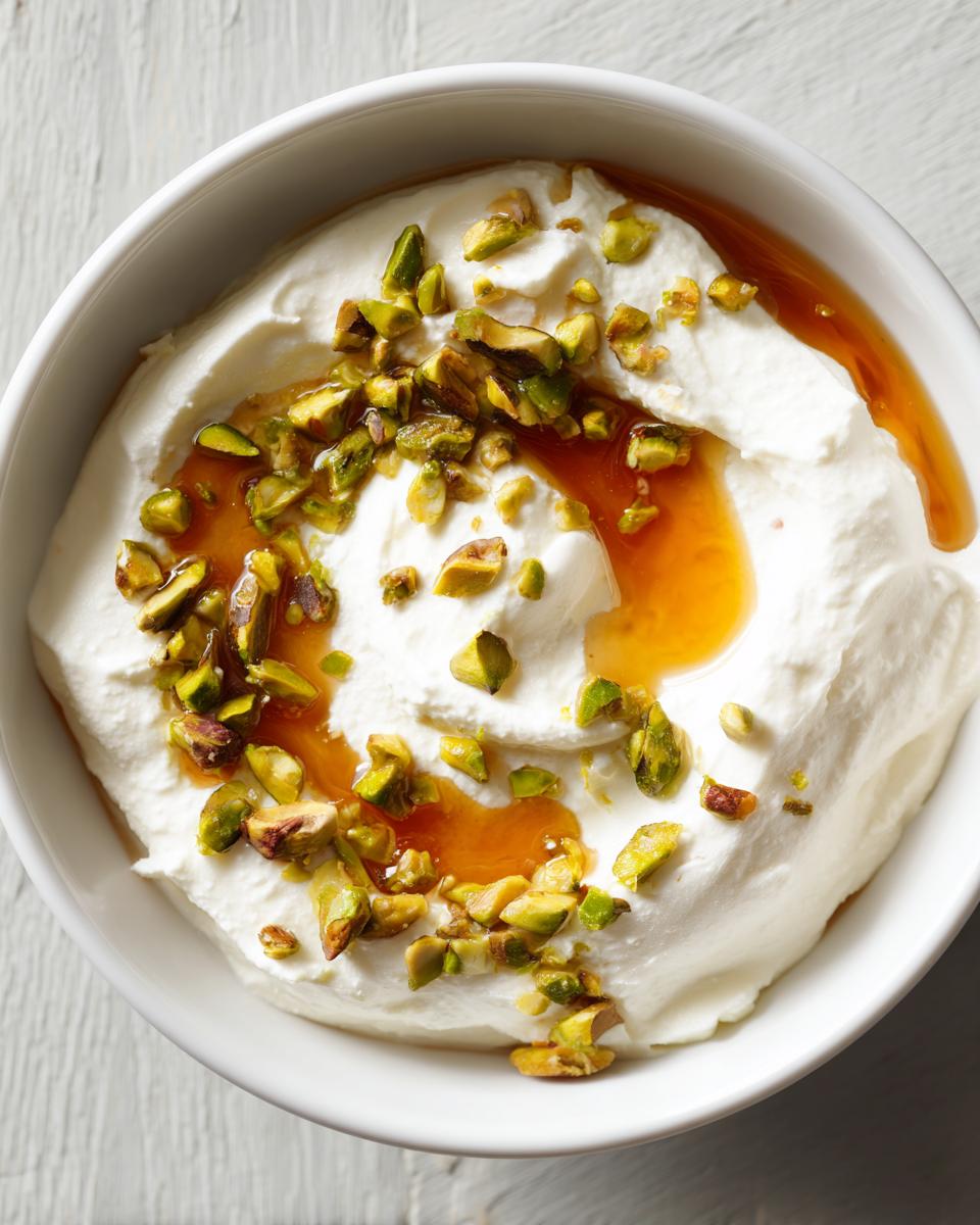 Overhead view of a bowl of creamy whipped ricotta dip topped with chopped pistachios and a drizzle of amber honey.