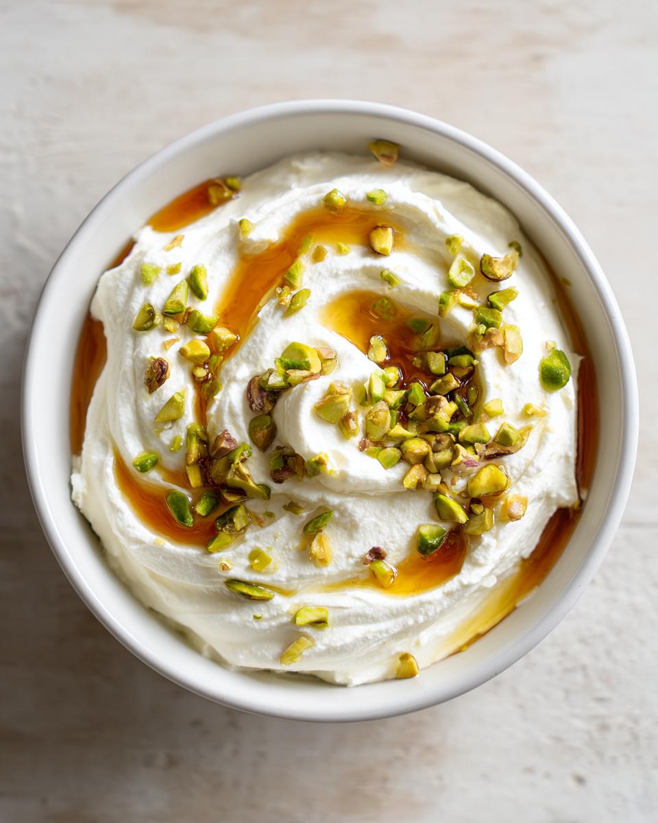 Overhead view of a bowl of creamy whipped ricotta dip drizzled with honey and topped with chopped pistachios.