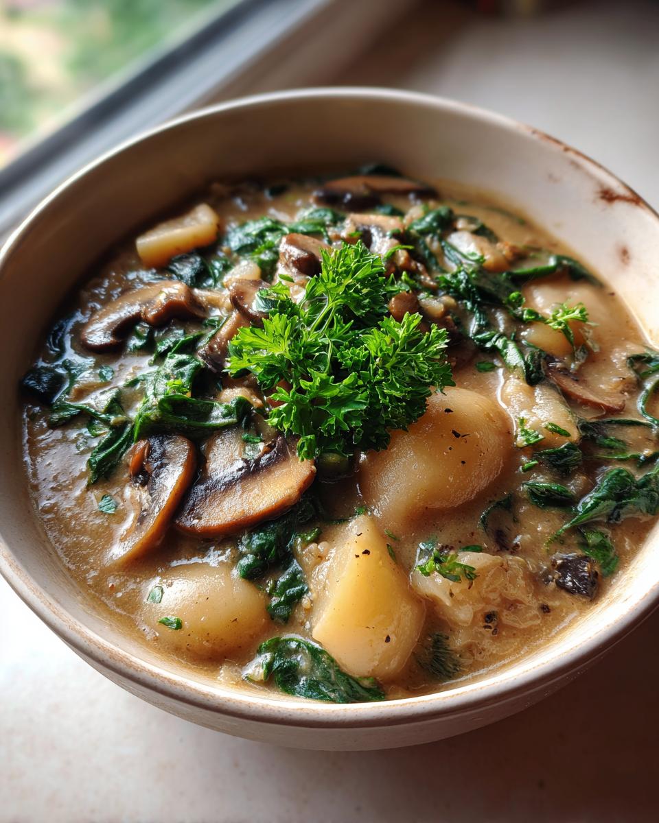 Close-up of a hearty white bean mushroom stew featuring creamy sauce, sliced mushrooms, spinach, and a parsley garnish.