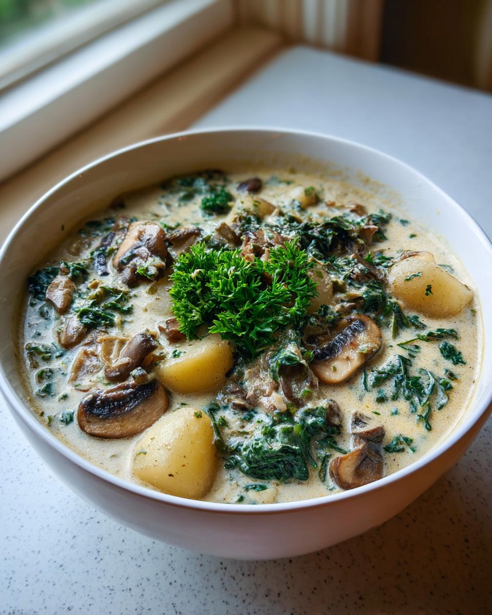 A close-up of a creamy white bean mushroom stew, featuring whole white beans, sliced mushrooms, and spinach, garnished with parsley.