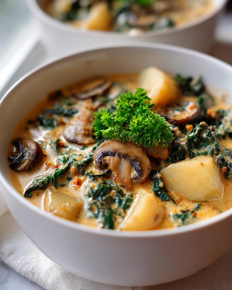 Close-up of a creamy white bean mushroom stew featuring mushrooms, spinach, and potato chunks, garnished with parsley.