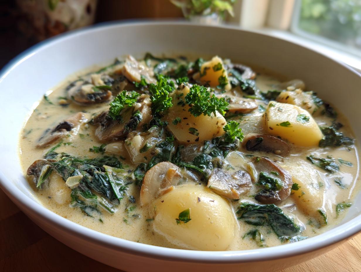 Close-up of a hearty bowl of white bean mushroom stew with spinach and potatoes, garnished with parsley.