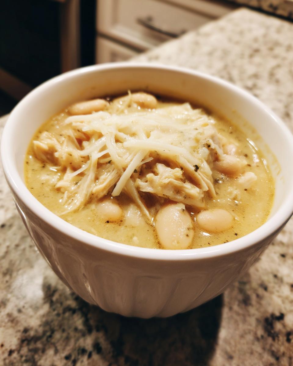 A close-up of a bowl of creamy white chicken chili recipe topped with shredded Monterey Jack cheese.