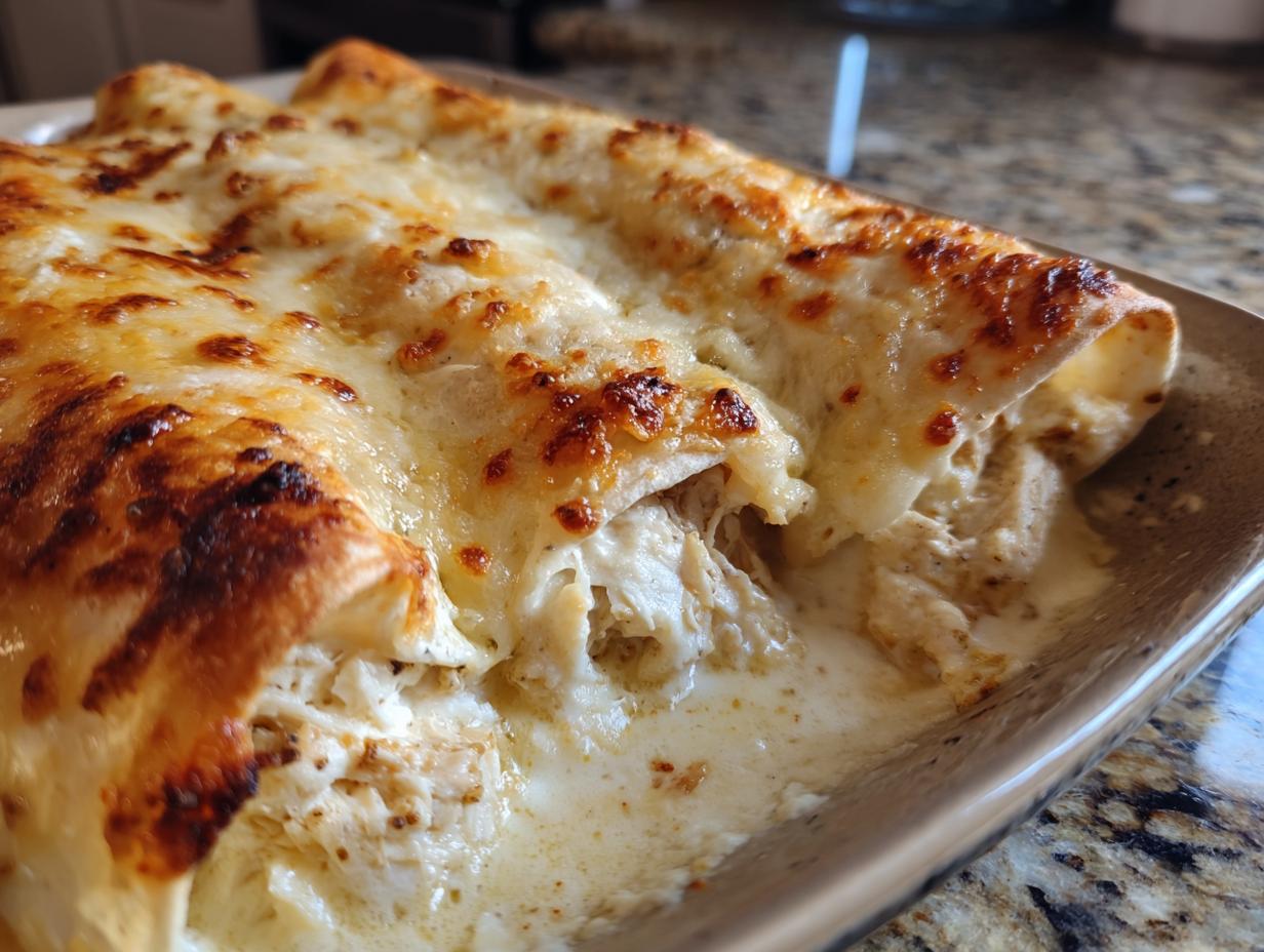 Close-up of baked white chicken enchiladas covered in melted, bubbly, and slightly browned cheese sauce.