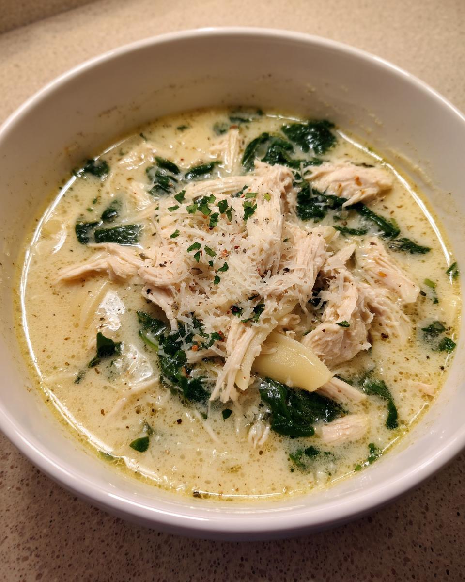 A close-up of a bowl of creamy white chicken lasagna soup topped with shredded chicken, spinach, and grated Parmesan cheese.