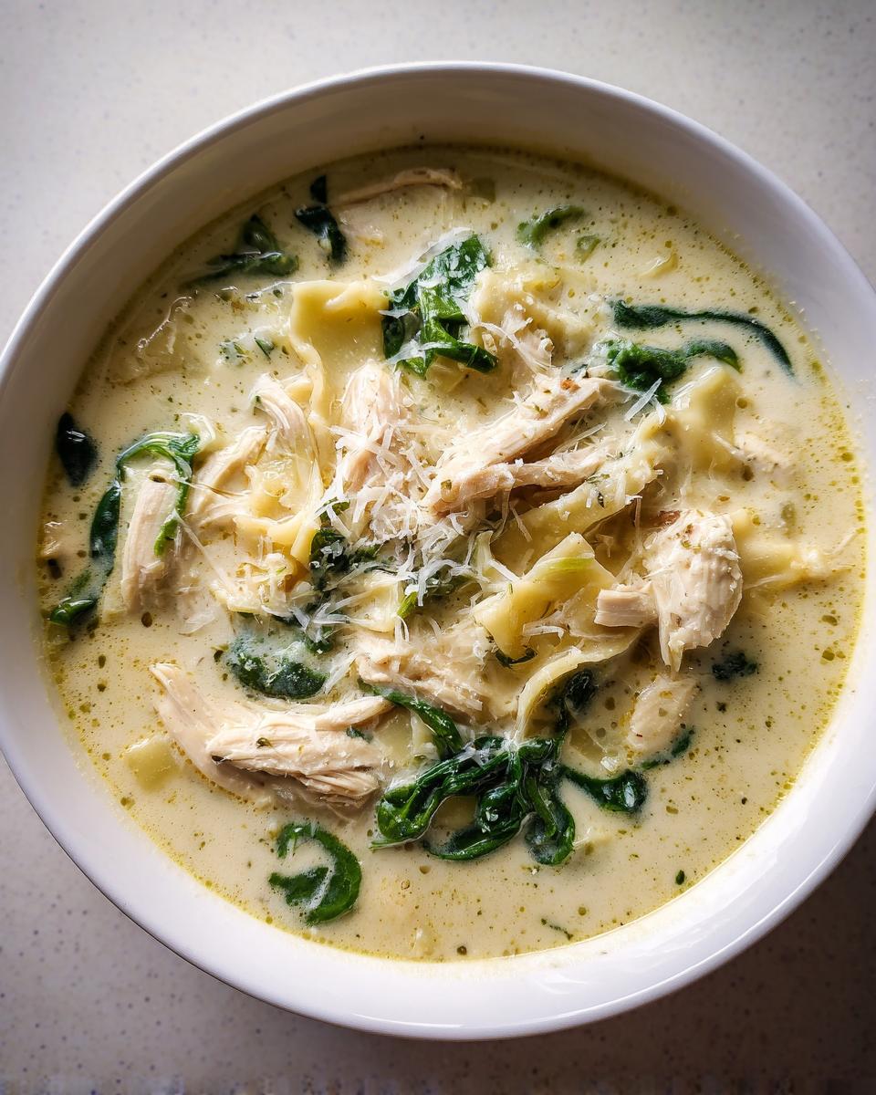 Overhead view of a bowl of creamy white chicken lasagna soup topped with shredded chicken, spinach, and Parmesan cheese.