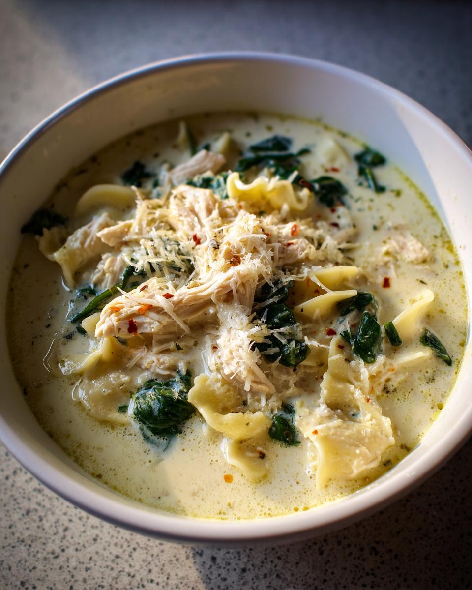Close-up of a bowl of creamy white chicken lasagna soup topped with shredded chicken, spinach, and Parmesan cheese.