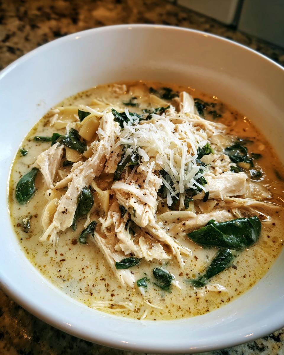 A close-up of a creamy bowl of white chicken lasagna soup topped with shredded chicken, spinach, and grated Parmesan cheese.