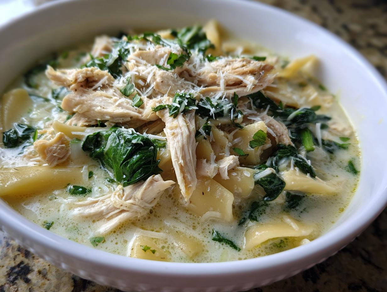Close-up of a bowl of creamy white chicken lasagna soup topped with shredded chicken, spinach, and Parmesan cheese.