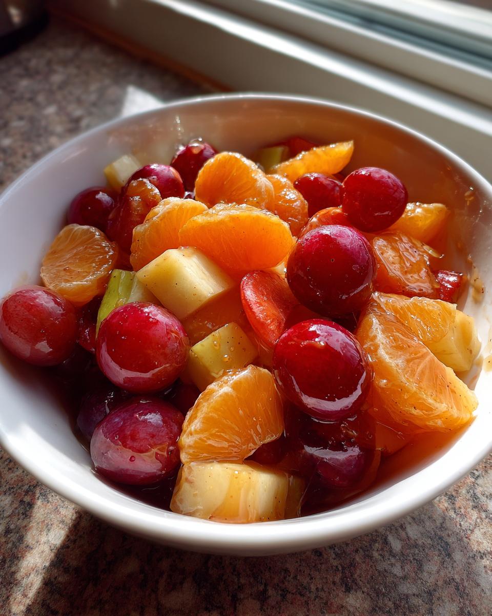Close-up of a vibrant winter fruit salad featuring red grapes, orange segments, and diced apples in a sweet dressing.