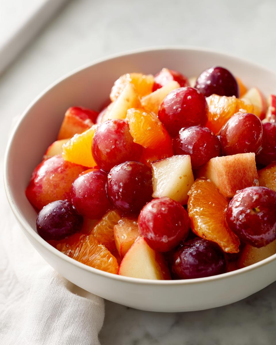 Close-up of a white bowl filled with a vibrant winter fruit salad featuring red grapes, orange segments, and diced apples.