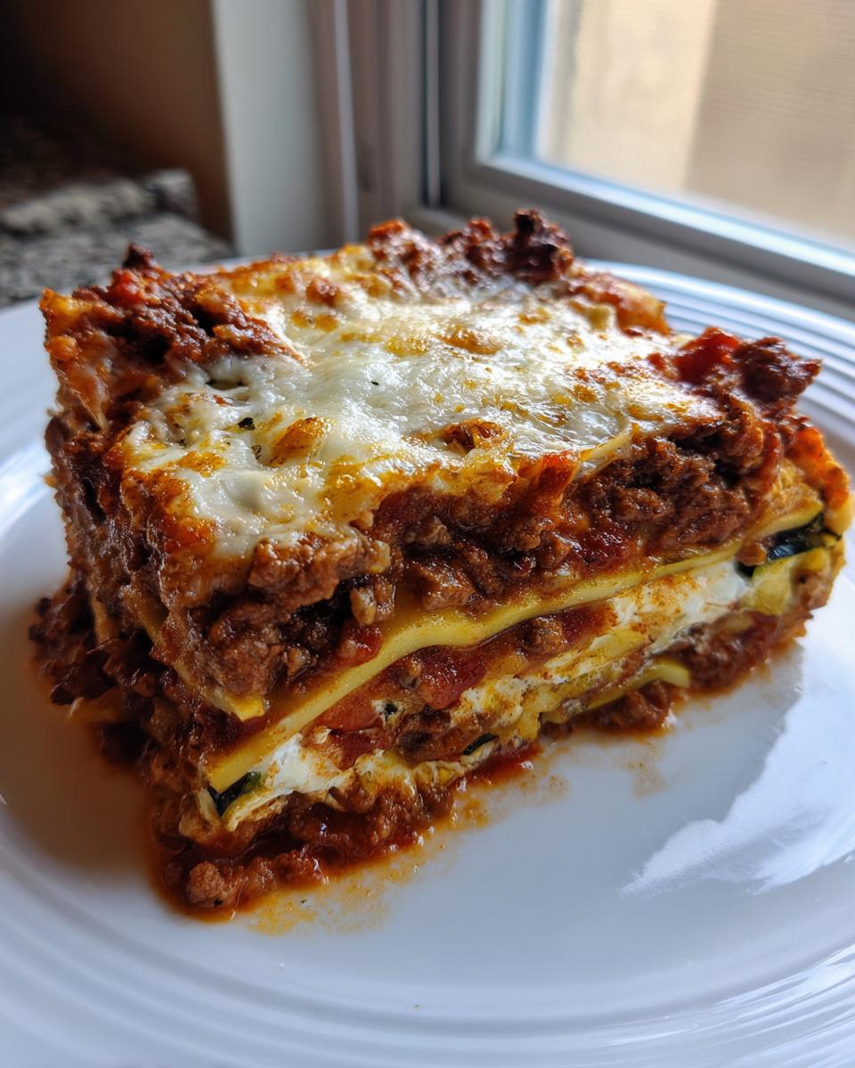 A thick, hearty slice of zucchini lasagna layered with meat sauce and melted cheese, served on a white plate.