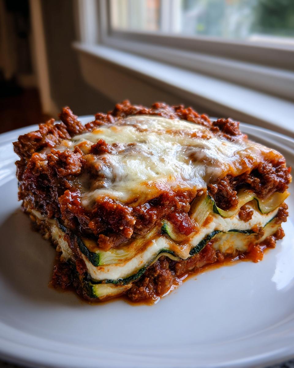 A hearty slice of zucchini lasagna featuring layers of meat sauce, ricotta, and zucchini noodles, topped with melted cheese.