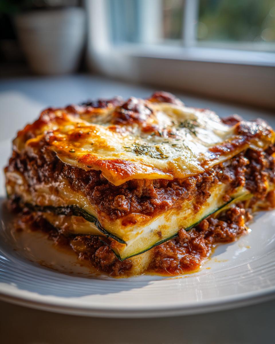 A close-up slice of zucchini lasagna showing layers of meat sauce, ricotta, and zucchini noodles, topped with melted cheese.